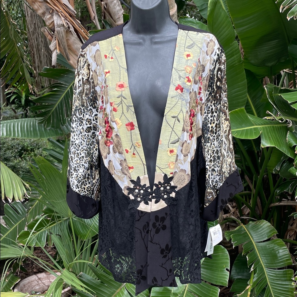 Spencer, Alexis animal, print, brocade and lace patchwork jacket